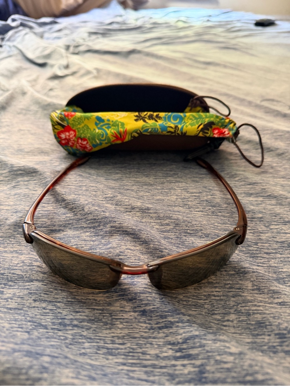 Maui Jim Brown Semi-Rimless Sunglasses with Floral Bag and Maui Jim Case